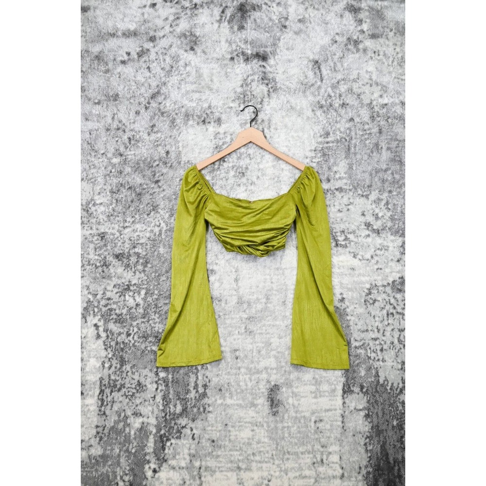 Oh Polly Green Satin Long Sleeve Crop Top Blouse Size 2